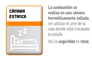 Gracias a su cámara de combustión estanca, la estufa realiza la combustión en un sistema completamente sellado que no utiliza el aire de la estancia, sino que toma el aire del exterior mediante un conducto específico. Esto garantiza mayor seguridad, mejor calidad del aire interior y una instalación apta incluso para dormitorios o viviendas muy bien aisladas.